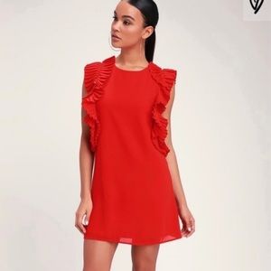 LULUS RED RUFFLE SLEEVE MINI DRESS. NEVER WORN. SIZE L.